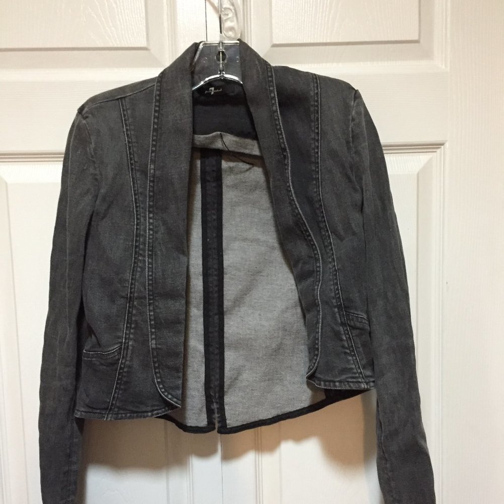7 For All Mankind Jacket Womens Black Denim Open Front Shoulder Pads VTG Large